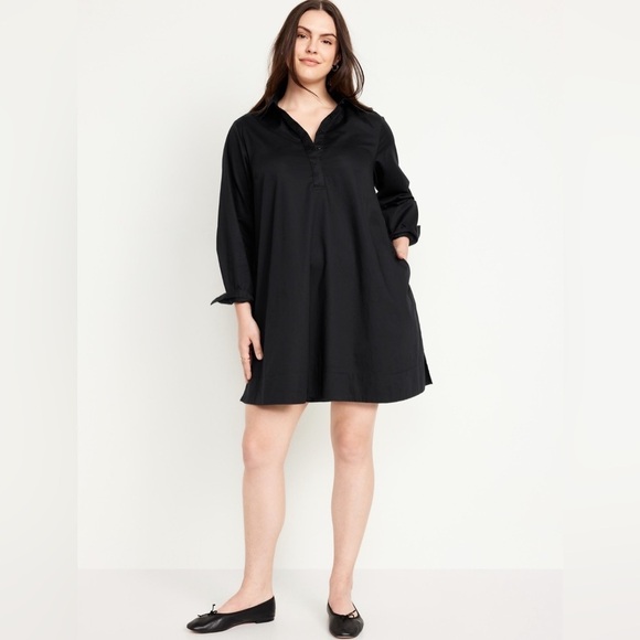 NWT! Old Navy Black Poplin Long Sleeve Mini Shirt Dress - Small 💜 - Picture 2 of 9